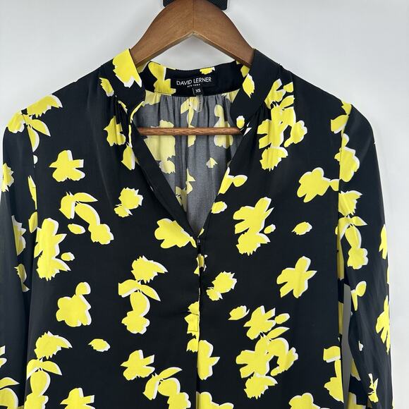 David Lerner Blouse Womens XS Black Yellow Floral Office Career Bright Button - Picture 2 of 10